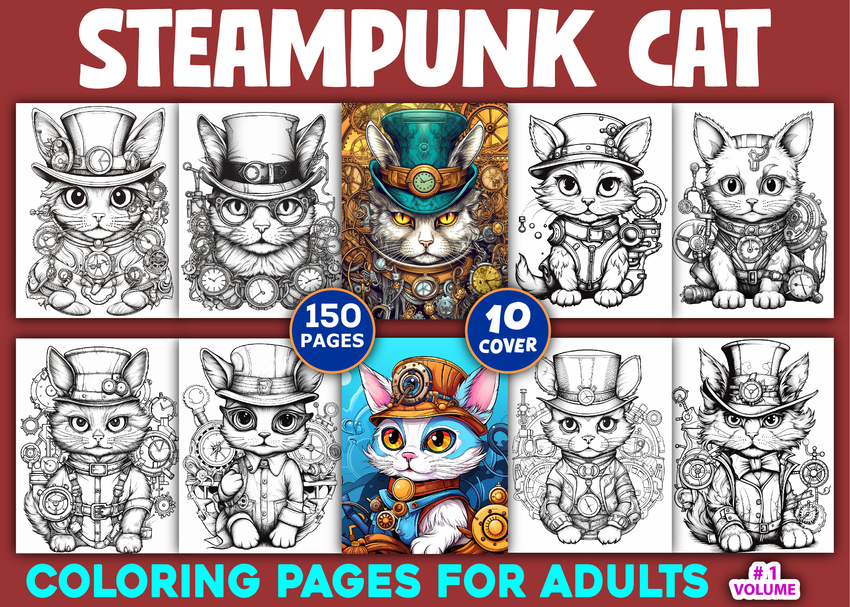 150 Steampunk Cat Coloring Pages Adults Graphic by Sobuj Store ...
