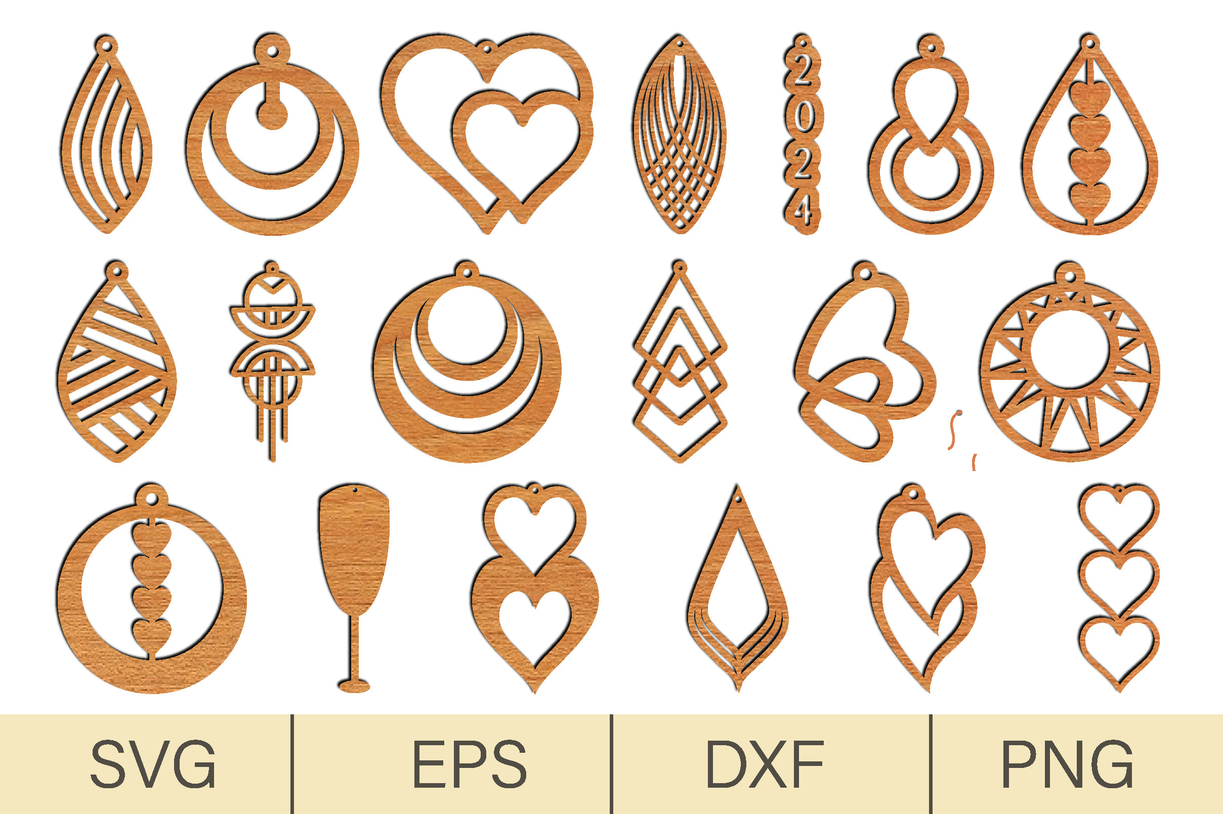 20 Wooden Earrings Laser Cut SVG preview, twenty distinct wooden earring designs
