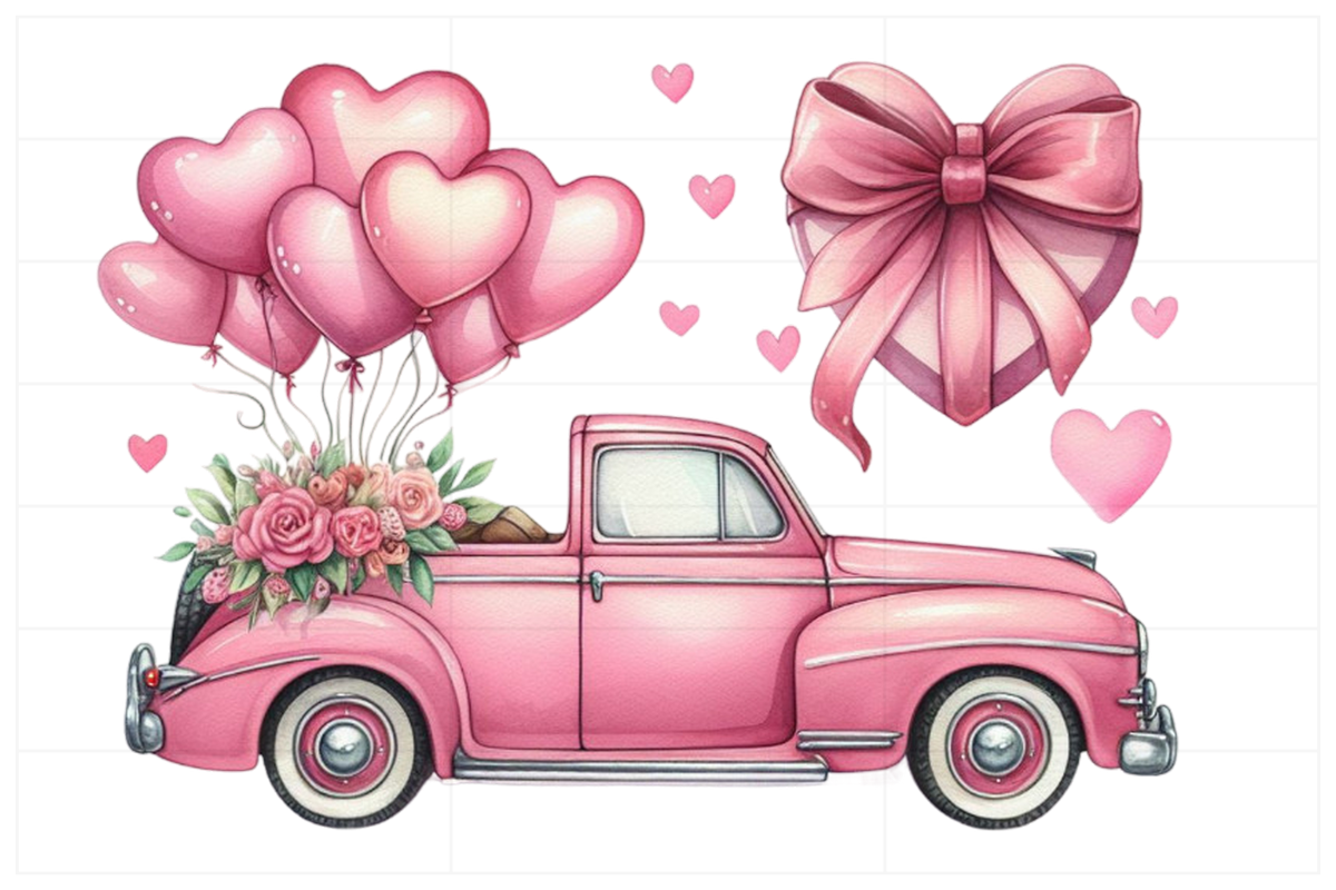 Pink car with large gift, heart balloons