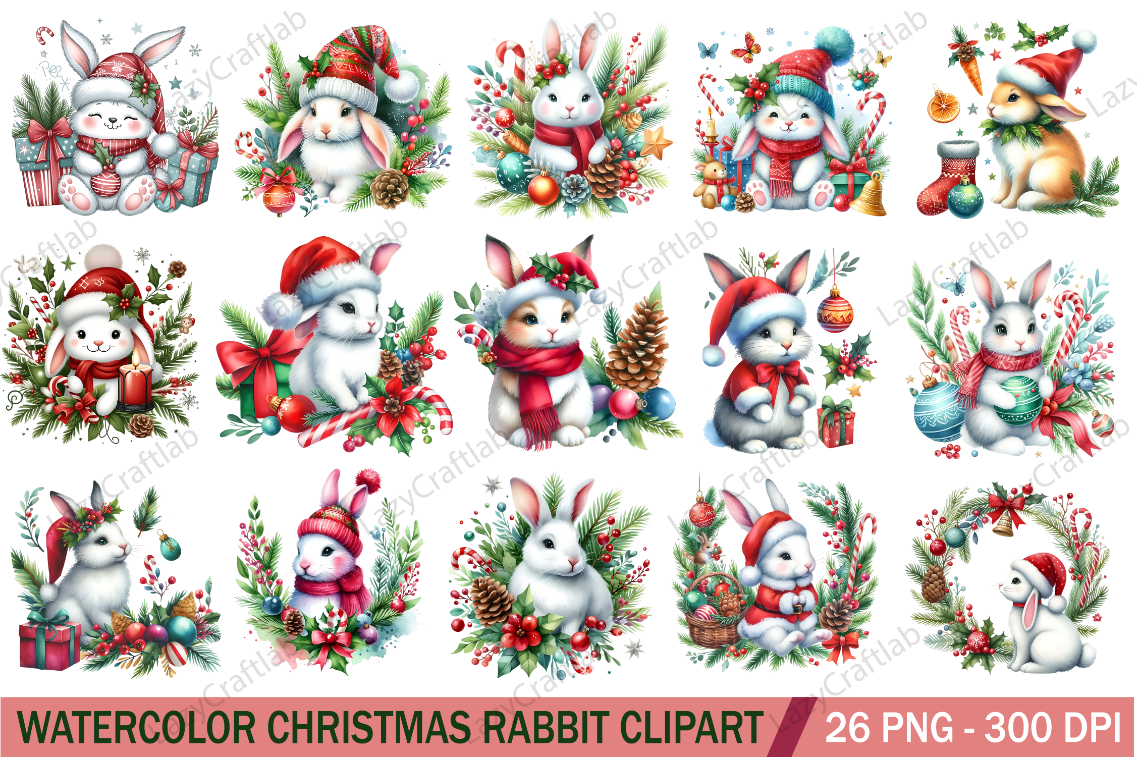 Watercolor Christmas Rabbit Clipart PNG Graphic by LazyCraftlab ...