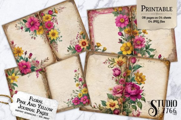 Floral Pink and Yellow Junk Journal Graphic AI Generated By Studio 7766