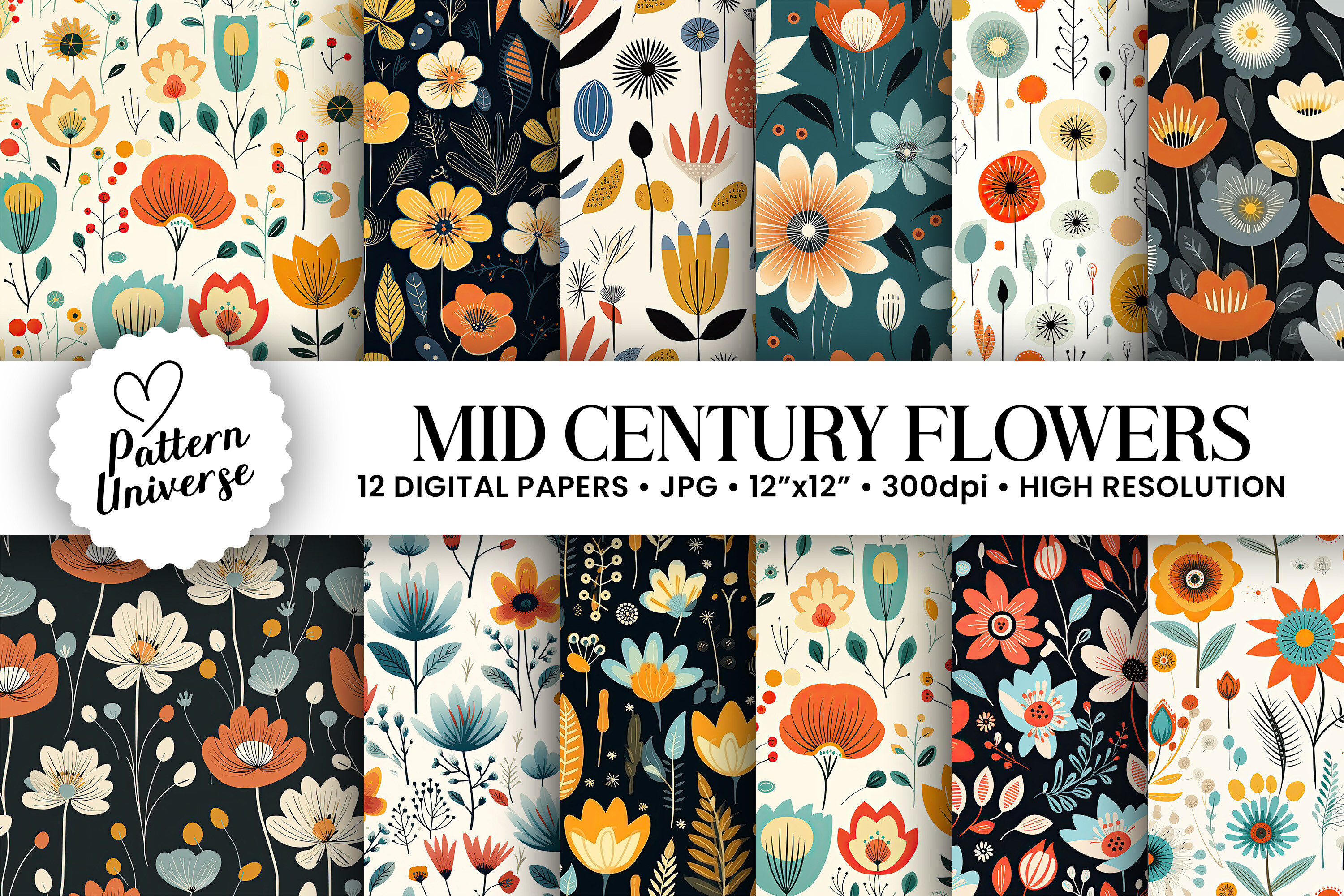 Mid Century Flowers Seamless Patterns Graphic by Pattern Universe ...