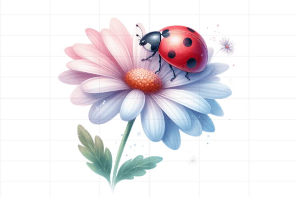 Watercolor Ladybug and Flowers Clipart