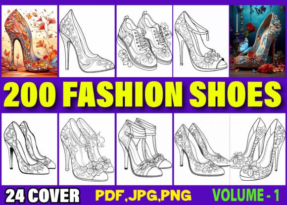 200 Fashion Shoes Coloring Pages for KDP