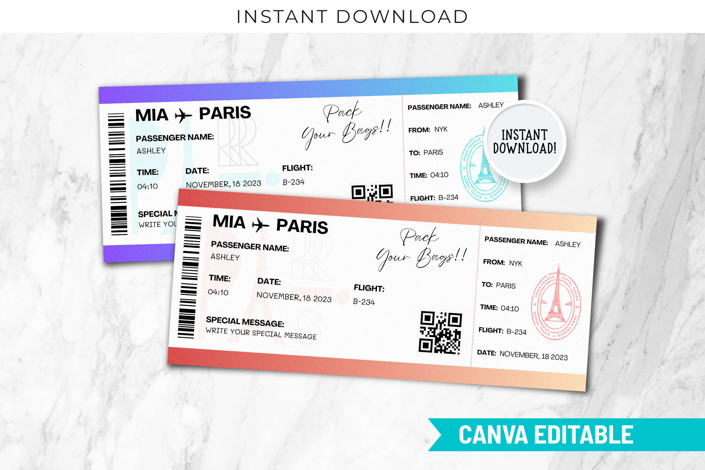 Editable Boarding Pass Flight Ticket