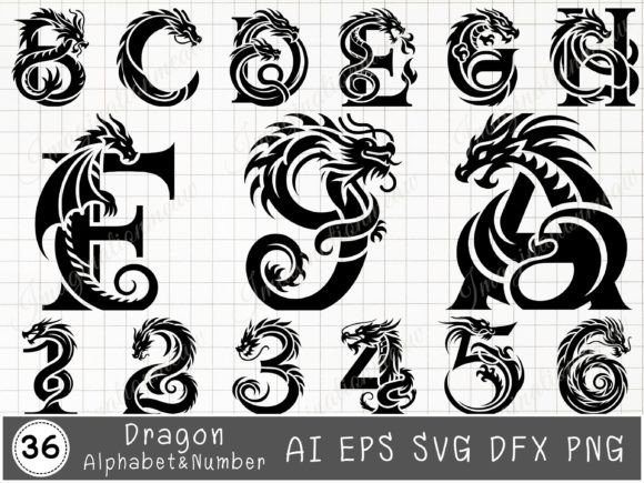Dragon Alphabet a-Z and Numbers 0-9 Svg Graphic Illustrations By MeawwaDigitalArts