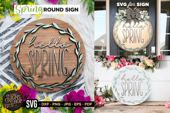 Hello Spring Wreath Leaves | SVG Sign Graphic Crafts By The Vintage Signs Shop