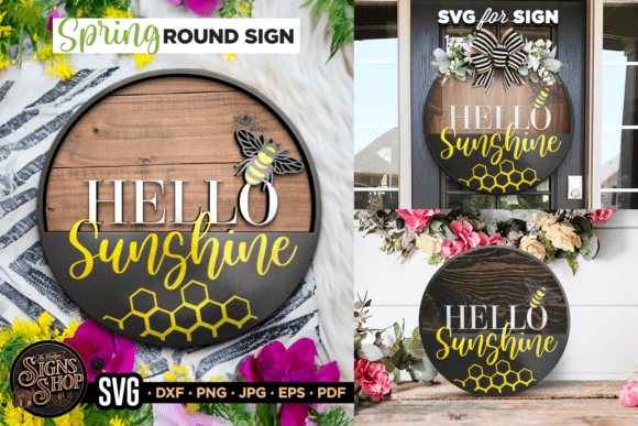 Hello Sunshine and Bee | SVG Round Sign Graphic Crafts By The Vintage Signs Shop