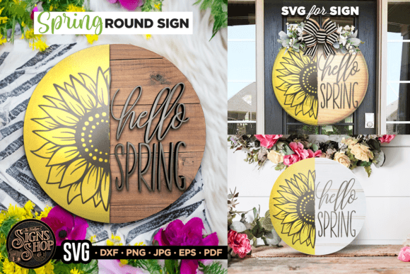 Hello Spring Sunflower | SVG Round Sign Graphic Crafts By The Vintage Signs Shop