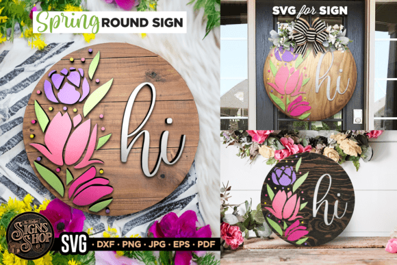 Hi Pink Flowers | SVG Spring Round Sign Graphic Crafts By The Vintage Signs Shop