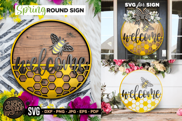 Welcome Bee and Hive | SVG Round Sign Graphic Crafts By The Vintage Signs Shop