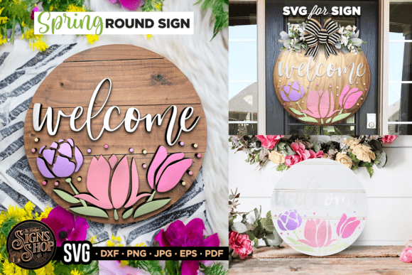 Welcome Flowers | SVG Spring Round Sign Graphic Crafts By The Vintage Signs Shop