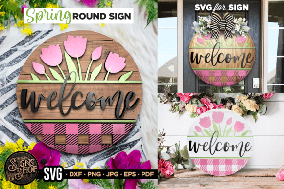 Welcome Pink Plaid | SVG Round Sign Graphic Crafts By The Vintage Signs Shop