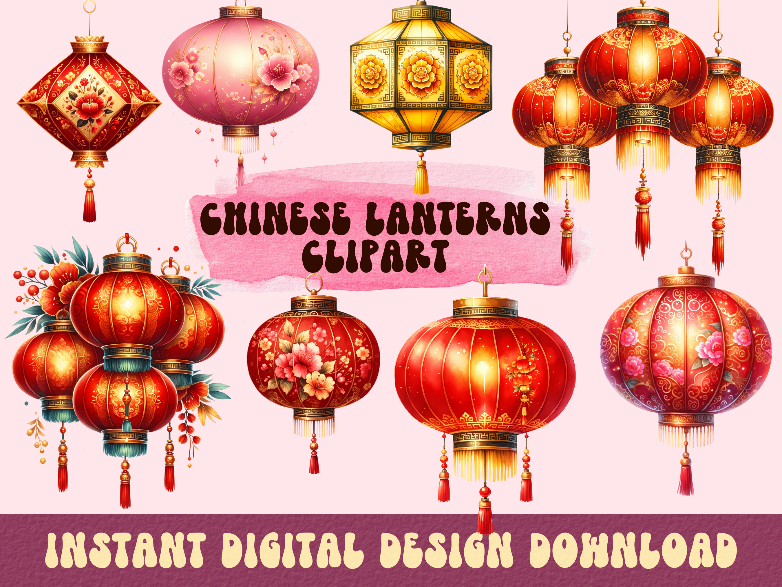 Watercolor Chinese Lanterns Clipart Graphic by Ginger's Artspace ...