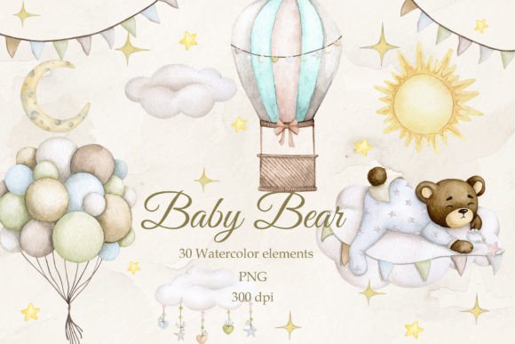 Baby Bear's Dreams. Set Watercolor PNG