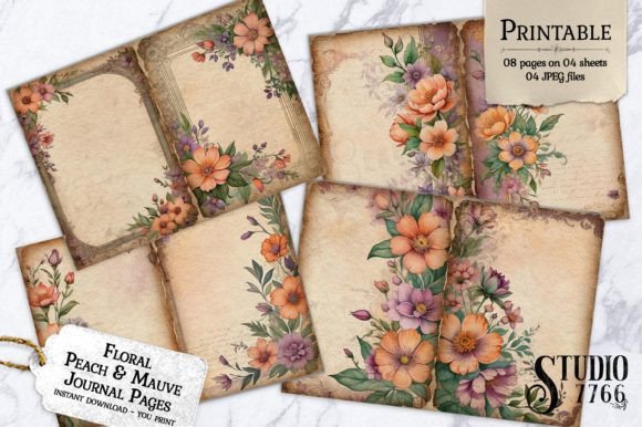 Floral Peach and Mauve Junk Journal Graphic AI Generated By Studio 7766