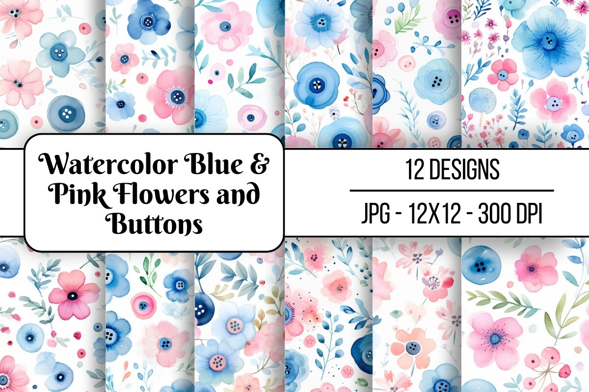 Blue & Pink Flowers and Buttons Graphic by Whimsy Girl · Creative Fabrica