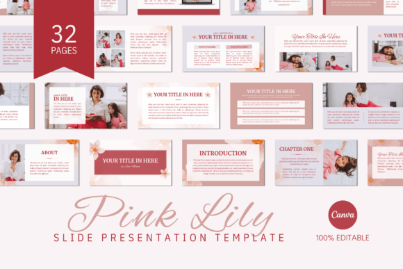 Pink Lily Canva slide template with 32 editable presentation slides