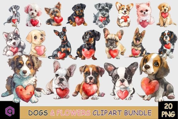 Preview of Valentine Dogs and Heart Clipart Bundle Valentine sublimation design