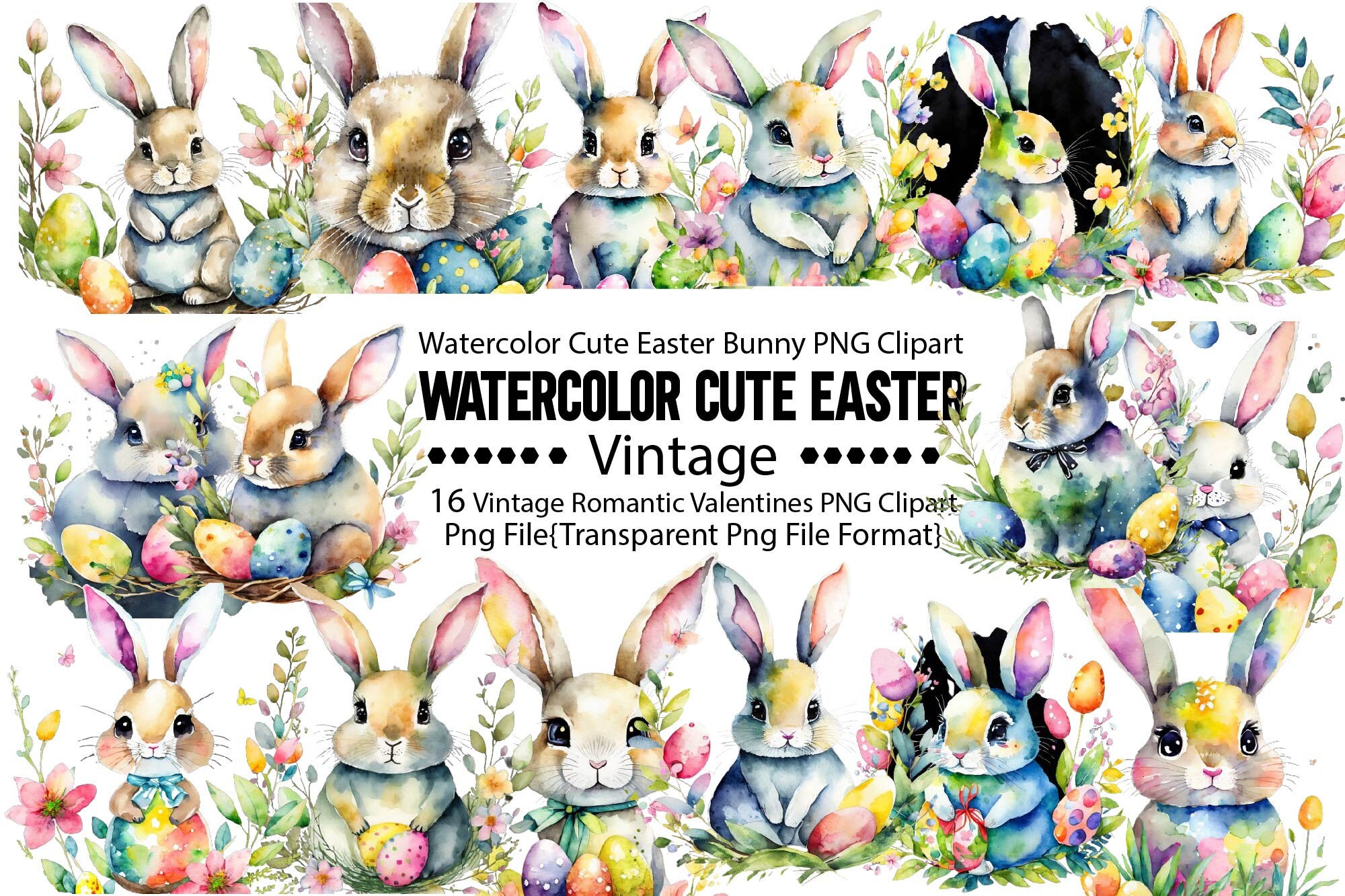 Watercolor Cute Easter Bunny PNG Bundle Graphic by PrintExpert ...