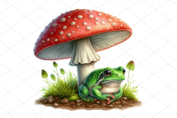 Watercolor Frog Under a Mushroom Clipart