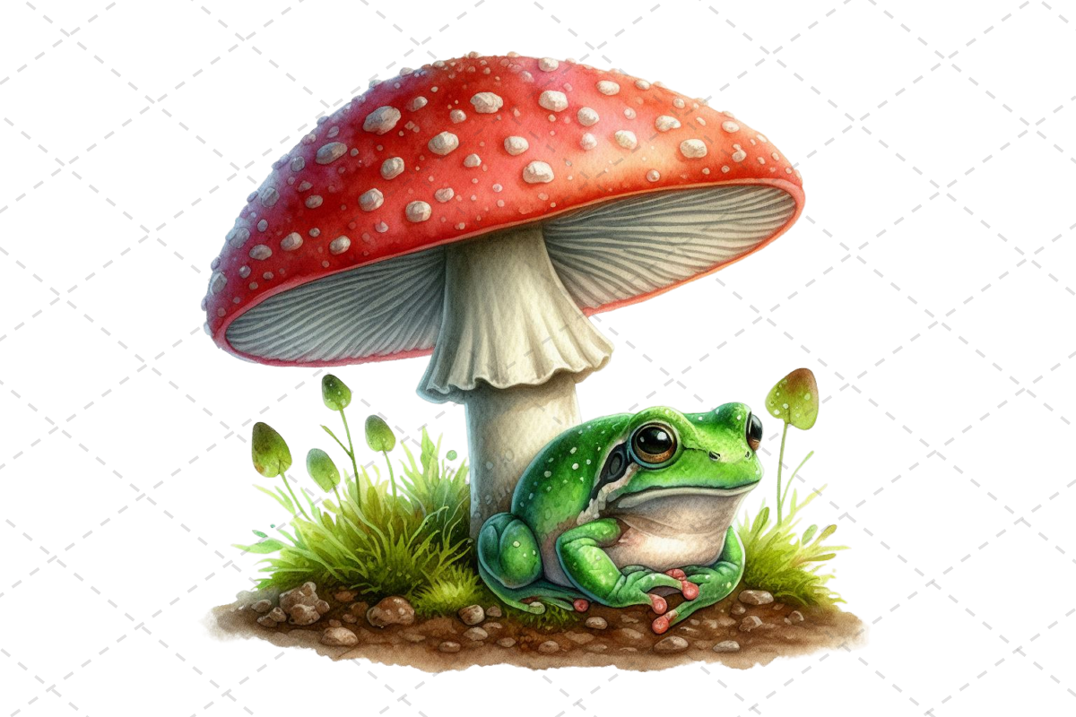 Watercolor Frog Under a Mushroom Clipart