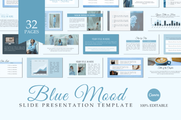 Blue Mood Canva slide template with 32 editable layouts