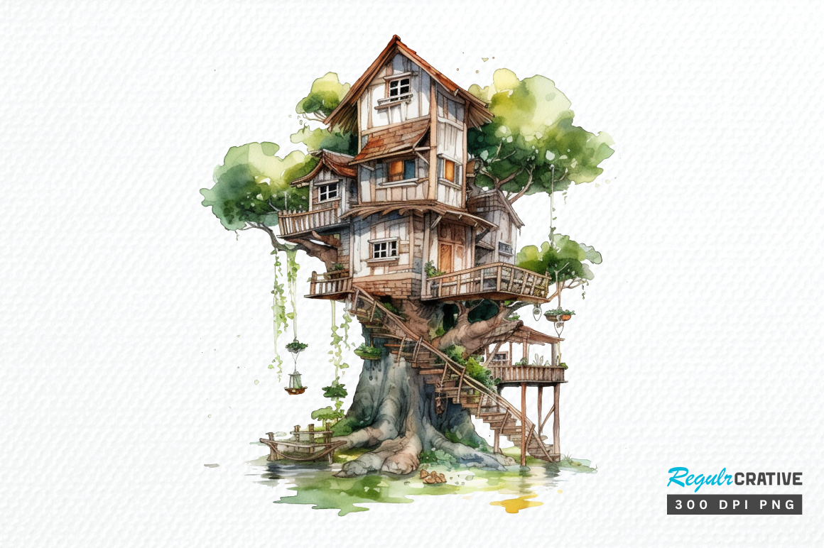 Watermark Treehouse Watercolor Treehouse Clipart Png Design Graphic by Regulrcrative ...
