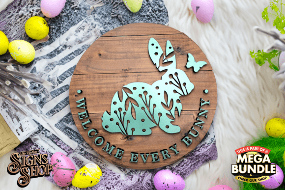 Welcome Bunny and Floral | SVG Round Si Graphic Crafts By The Vintage Signs Shop