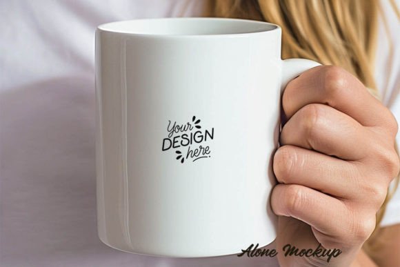 White Mug Holding By Woman Mockup Graphics