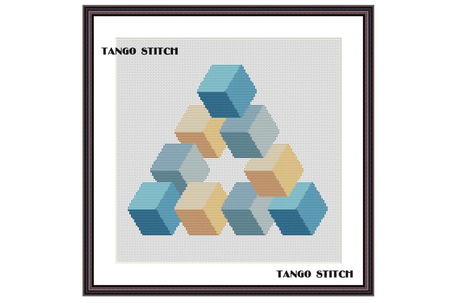 Blue Cubes Abstract Geomentic Embroidery