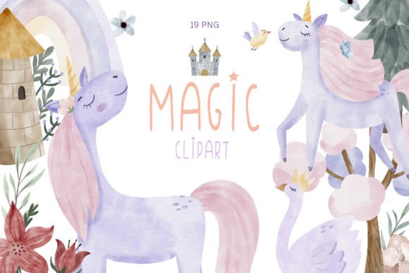 Watercolor Magic Unicorn Clipart PNG Graphic Illustrations By SleptArt