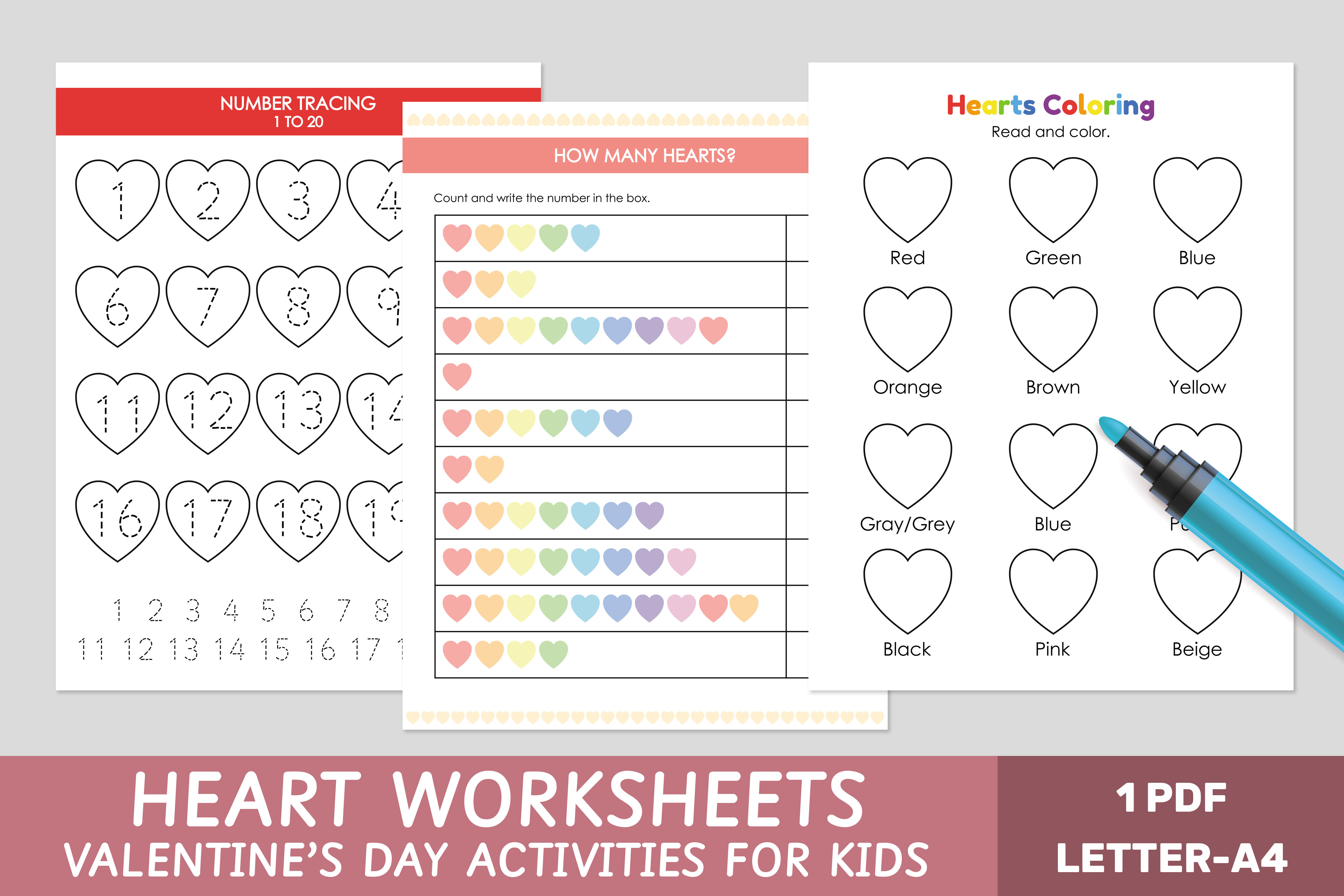 Worksheets for Kids: Hearts (Valentine) cover