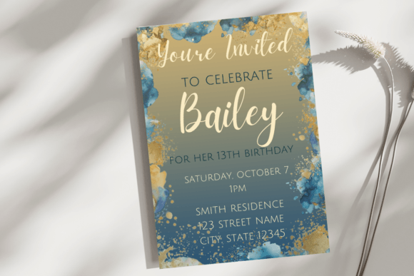 Blue Gold Birthday Invite Template