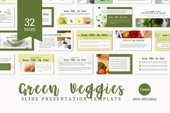 Green Veggies Canva slide template with 32 customizable slides