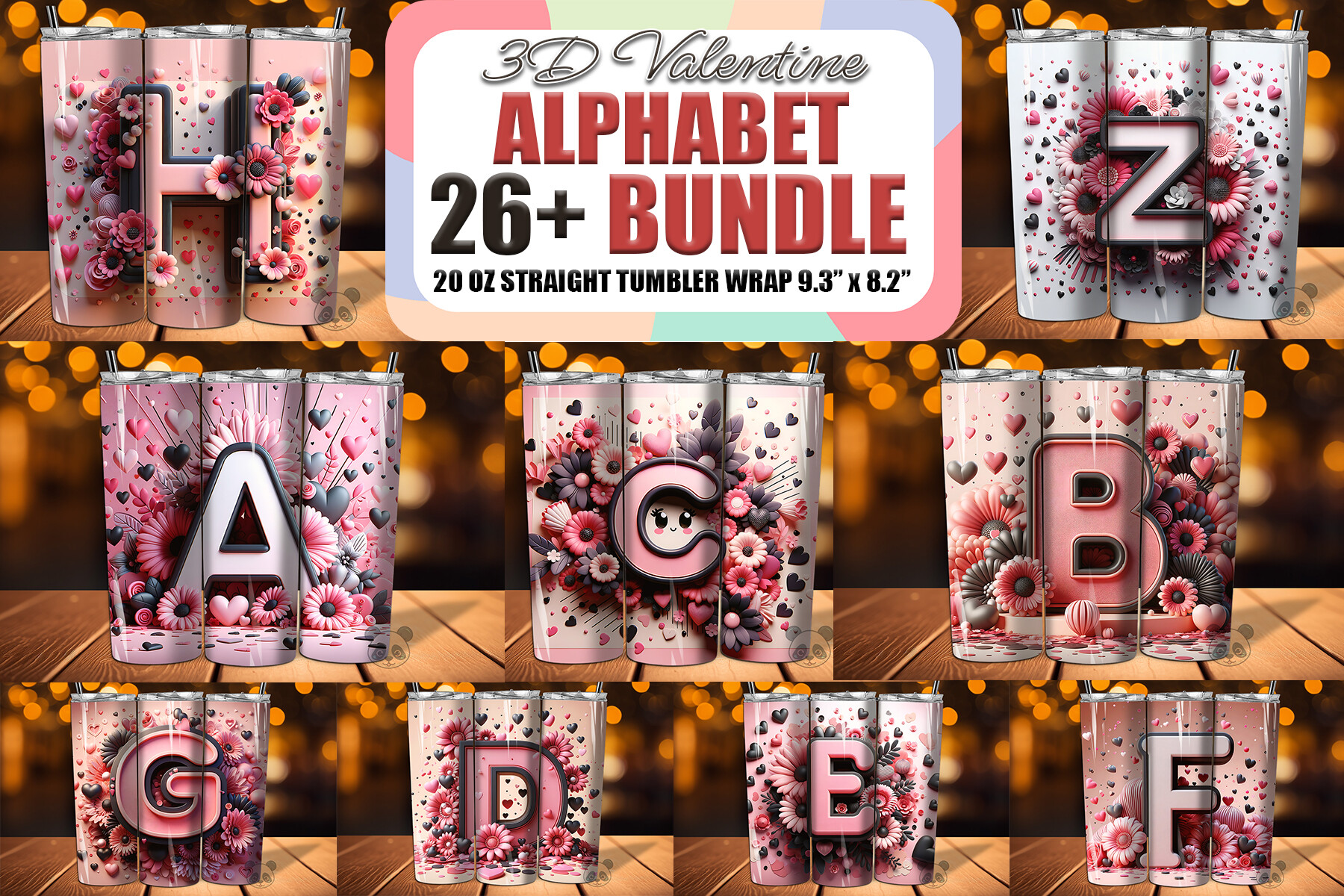 Valentine Alphabet 3D Tumbler Wrap Graphic by Pandastic · Creative Fabrica