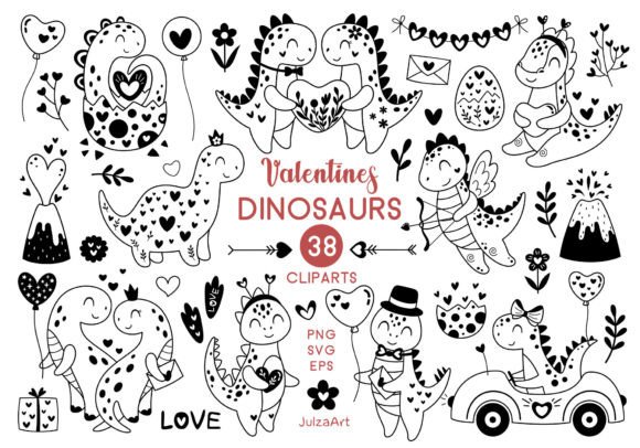 Black Dinosaur Valentine Clipart - Printable
