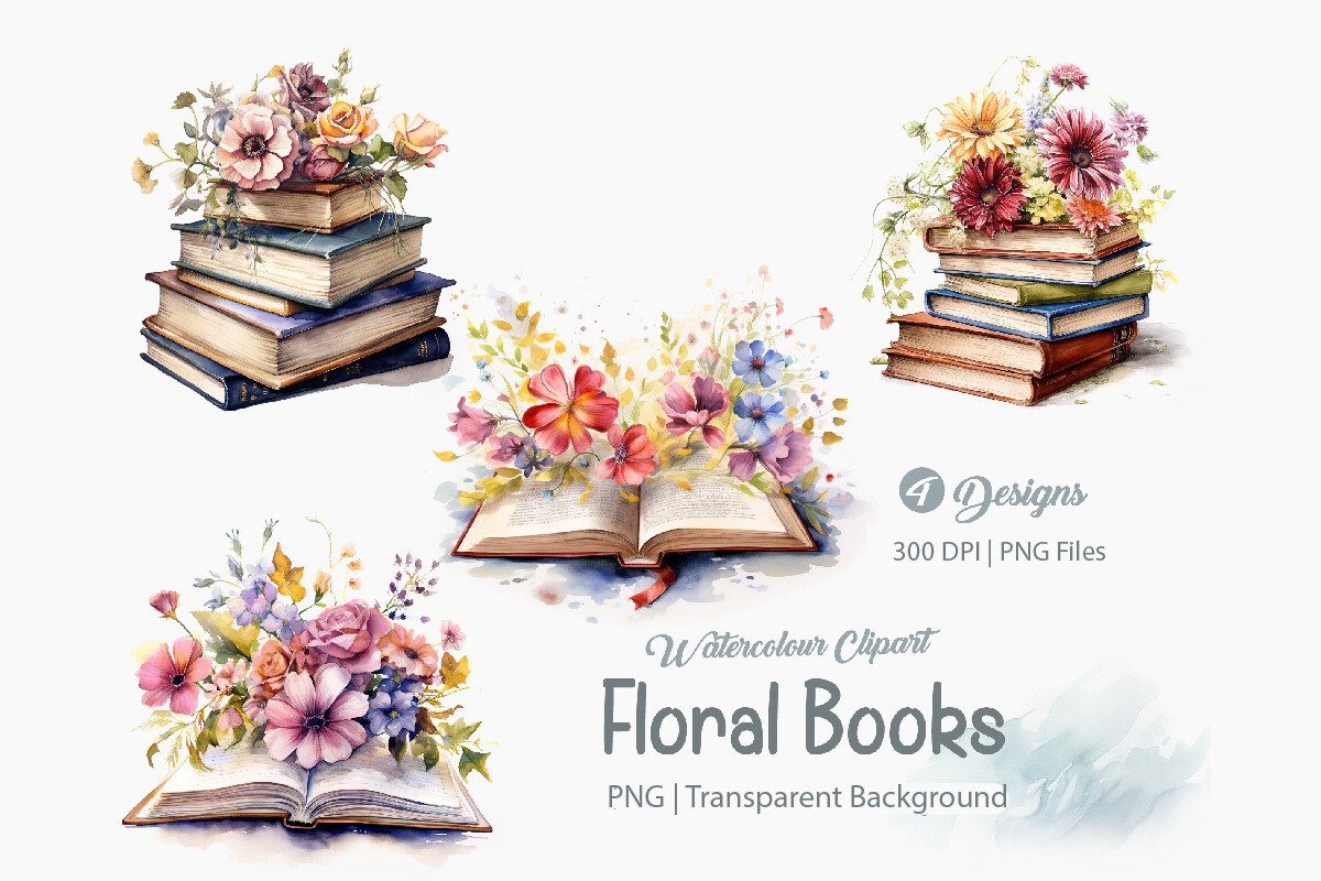 Floral Books Clipart Bundle PNG Graphic by Creationx Space · Creative ...