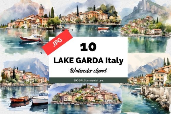 Lake Garda Italy Clipart JPG Illustration Illustrations AI Par KiwiCakeStudio