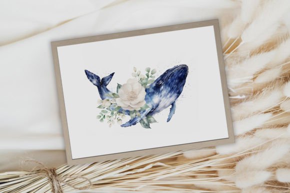 Blue Whale With Flowers Wall Art Print