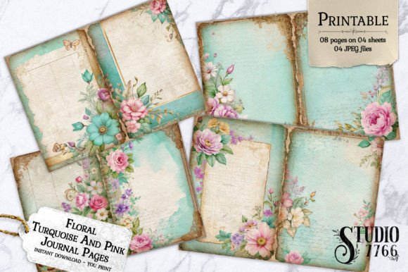Floral Turquoise and Pink Junk Journal Graphic AI Generated By Studio 7766