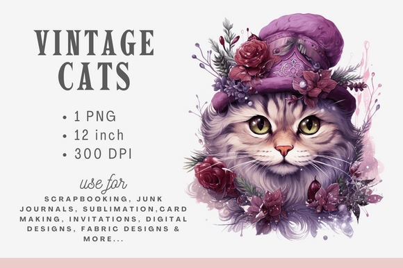 Watercolor Vintage Christmas Cat Clipart