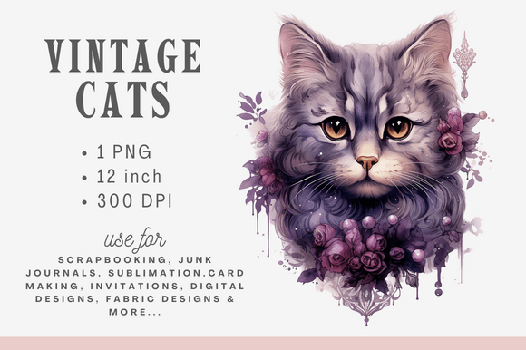 Watercolor Vintage Christmas Cat Clipart