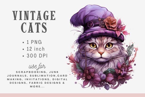 Watercolor Vintage Christmas Cat Clipart