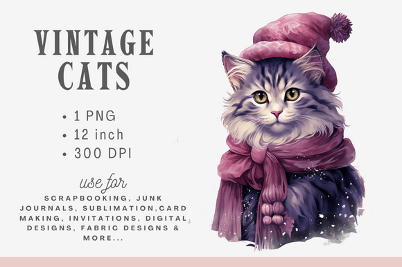 Watercolor Vintage Christmas Cat Clipart