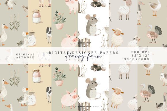 Watercolor Farm Animals Seamless Pattern