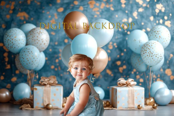 Preview of Birthday Digital Backdrop, Blue Baloons digital backdrop