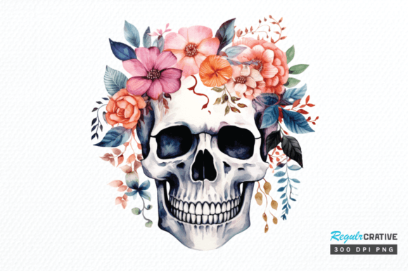Watercolor Floral Skull Clipart Png File Graphic by Regulrcrative ...