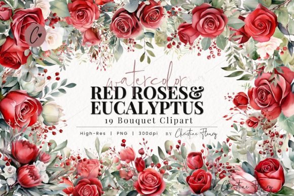 Watercolor Red Roses & Eucalyptus Flower Graphic by Christine Fleury ...