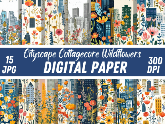 Cityscape Wildflowers Seamless Pattern Graphics